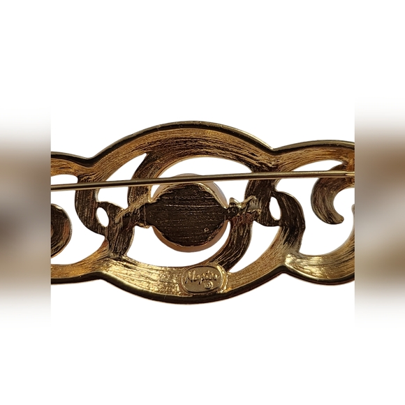 Vintage Signed Napier Swirled Gold Pin Brooch with Pearl Center - 2-1/2" long - Picture 2 of 3